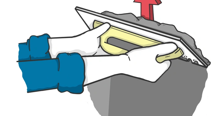 Zwei behandschuhte Hände halten ein Werkzeug und glätten eine Oberfläche; rote Pfeil zeigt nach oben; Kontext einer handwerklichen Tätigkeit.