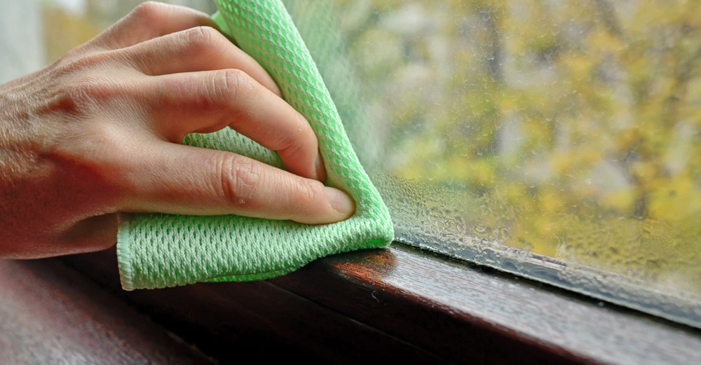 Hand wischt mit grünem Tuch Kondenswasser vom Fensterrahmen ab außen unscharfer Garten mit gelben Blättern