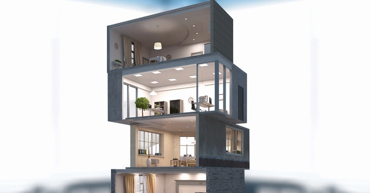 Vier Etagen eines modernen Gebäudes mit Möbeln und Dekorationen sichtbar in einem Querschnitt Büro und Wohnzimmer im Kontext einer isolierten Darstellung auf weißem Hintergrund