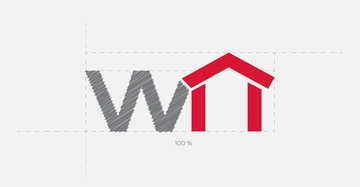 Design mit grau-schraffiertem W das sich mit einem stilisierten roten Haus verbindet lineare Maßangaben kennzeichnen Proportionen Text enthält 100 %