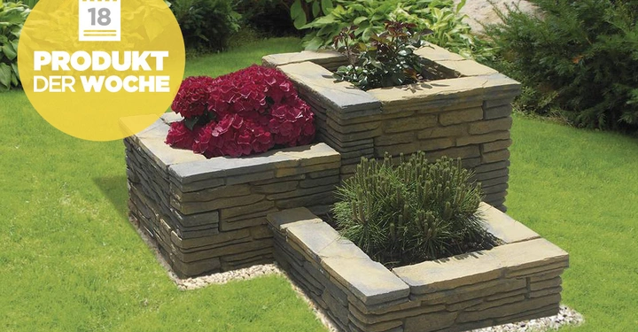 Galerie-Bild 1: Steinpflanzgefäße mit roten und grünen Pflanzen darin in einem gepflegten Garten mit Rasen und Sträuchern im Hintergrund Text Produkt der Woche 18 auf gelbem Kreis in der Ecke