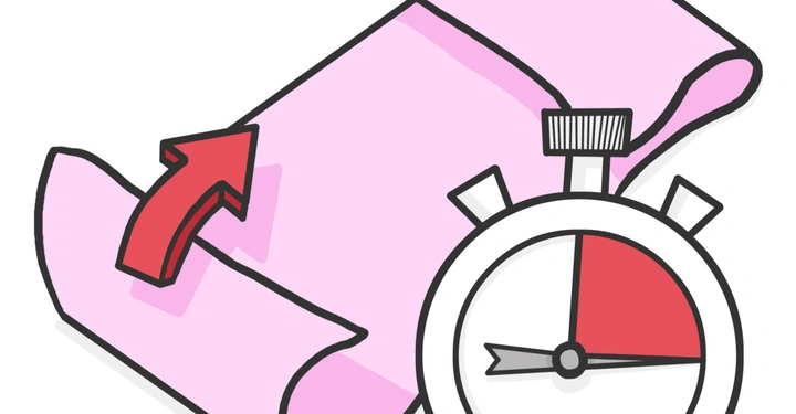 Eine Stoppuhr zeigt eine Viertelstunde an eine rosa Schriftrolle liegt daneben und ein roter Pfeil zeigt darauf hin helle Umgebung