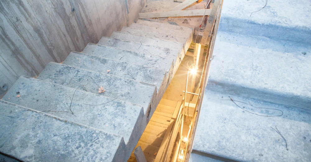 Betontreppe führt nach unten Baustelle Holzgeländer umgeben von Baugerüsten und Werkzeugen Baustrahler liefern Beleuchtung Wände aus Beton Rohbauumgebung