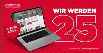 rotes Sujet mit Laptop, auf dem die Website zu sehen ist, dazu "25 Jahre" und "Neuer Look"