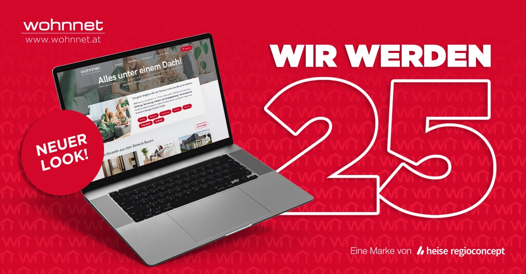 rotes Sujet mit Laptop, auf dem die Website zu sehen ist, dazu "25 Jahre" und "Neuer Look"