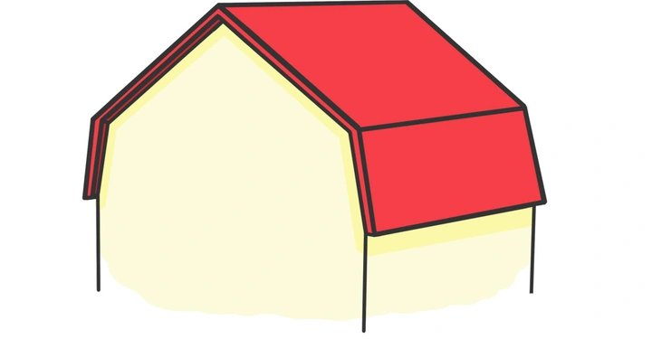 Ein einfaches gelbes Haus hat ein rotes Dach, keine Fenster oder Türen und steht isoliert auf weißem Hintergrund