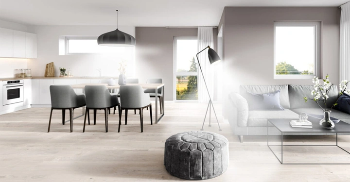 Wohnzimmer mit grauem Sofa und Stehlampe action Wohnzimmer mit Esstisch und Stühlen in hellem Raum mit großen Fenstern context