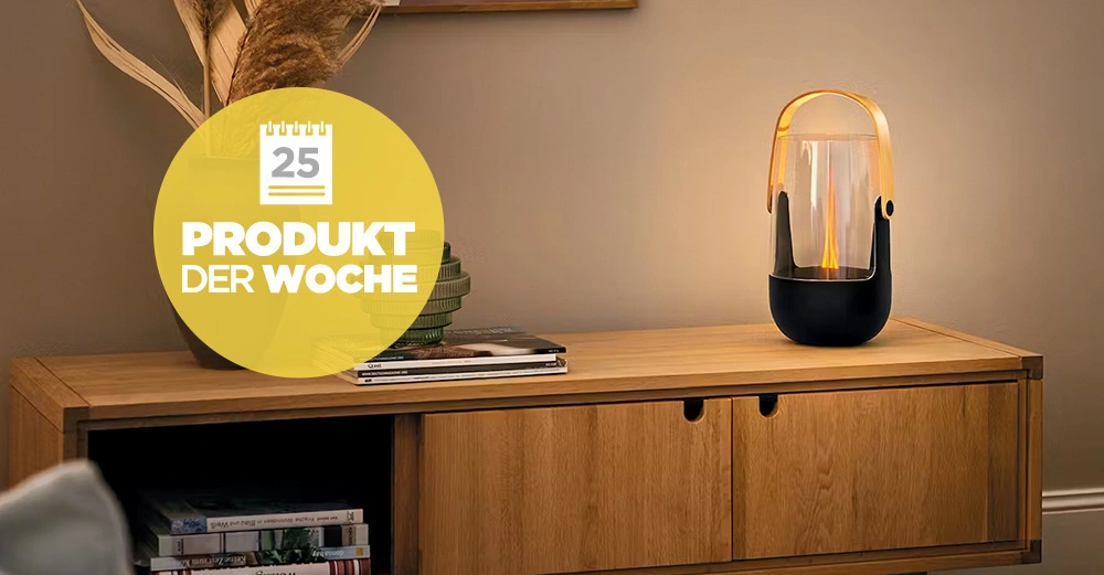 Eine moderne Lampe steht auf einem hölzernen Schrank neben Büchern und einer grünen Vase mit Trockenblumen in einem gemütlichen Wohnzimmer Text auf gelbem Kreis 25 PRODUKT DER WOCHE.