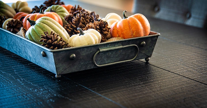 Metallisches Tablett enthält Kürbisse und Tannenzapfen steht auf einem dunklen Holztisch vor einem Polsterstuhl in einem gut beleuchteten Raum.