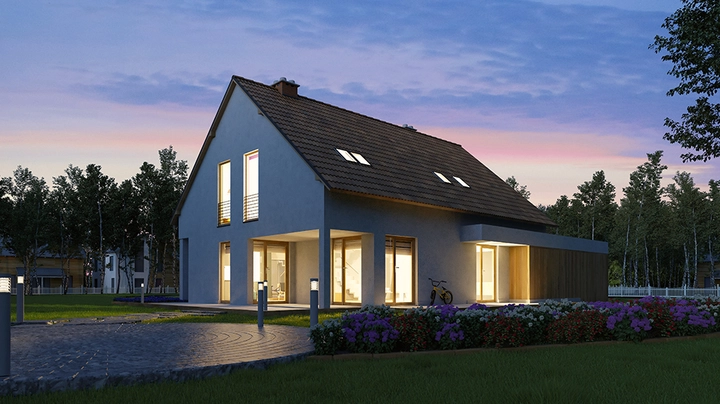 Ein beleuchtetes Einfamilienhaus bei Abenddämmerung, das durch eine Anwesenheitsimulation des Smart-Homes Einbrecher abschreckt, obwohl niemand zuhause ist.