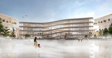 Futuristisches Gebäude mit geschwungenen Stockwerken und Glasfassaden mehrere Personen spazieren auf einem offenen Platz mit Bäumen und Bänken heller Himmel und zwei Drohnen umkreisen den Himmel.