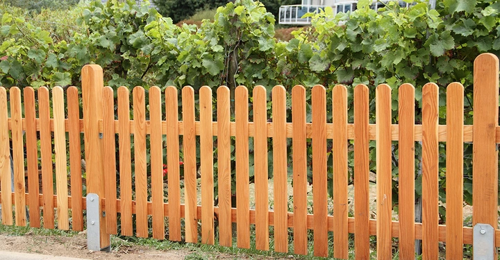 Holzzaun stehend vor grünen Weinstöcken im Freien Gartenbereich im Hintergrund einige Gebäude und Bäume.