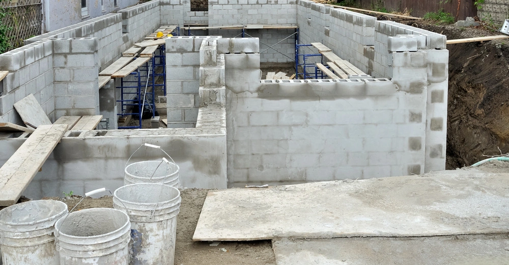 Baustelle mit Betonmauer in mittlerem Bauabschnitt Eimer und Bretter im Vordergrund Baubretter und Gerüste im Inneren Erdaufschüttung und Vegetation im Hintergrund