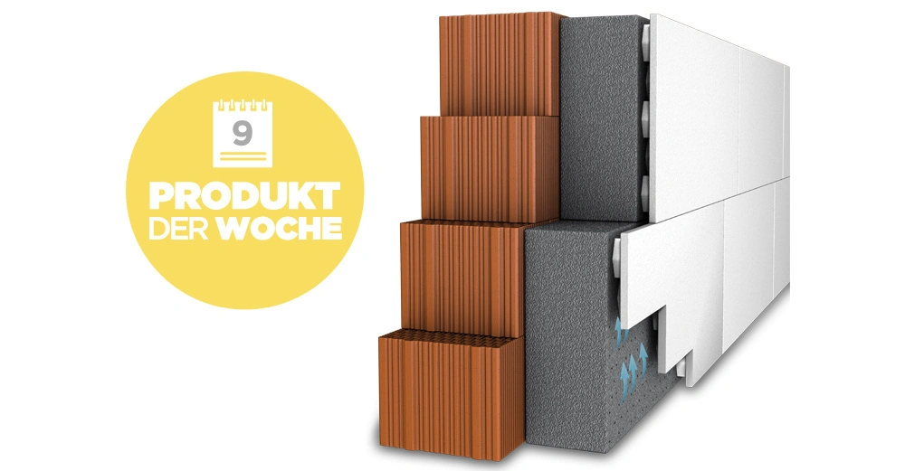 Mehrlagige Wand bestehend aus Ziegelsteinen, grauer Isolierung und weißer Außenverkleidung Produkt der Woche in gelbem Kreis mit Kalender-Symbol und der Nummer 9