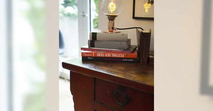 Galerie-Bild 6: Eine Glühbirne leuchtet oben auf mehreren gestapelten Büchern. Der Tisch steht in einem hellen Raum neben einem Fenster. Texte auf den Büchern: "FESTIVAL DER LIEBE" "made in north switzerland by fröhlich & co joseph fröhlich & marco fröhlich ", wankmüller & fröhlich.