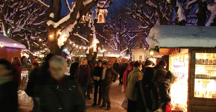 Besucher auf einem verschneiten Wiener Weihnachtsmarkt zwischen beleuchteten Bäumen und Holzhütten