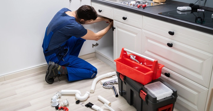 Handwerker repariert Sanitärrohre unter der Spüle in einer Küche Werkzeuge und Rohrteile auf dem Boden Werkzeugkiste neben ihm weiße Schränke und Herd im Hintergrund