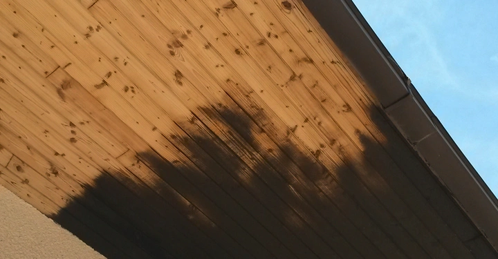 Holzdecke zeigt Brandspuren im Außenbereich eines Hauses bei Tageslicht im Freien