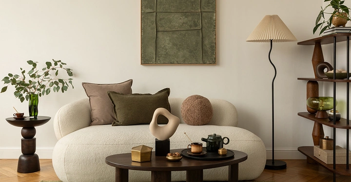 Ein modern eingerichtetes Wohnzimmer mit einem runden Sofa, Möbelstücken aus dunkelm Holz und grünen Akzenten.