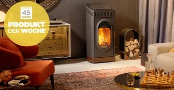 Kamin spendet im Wohnzimmer gemütliches Feuer neben modernem Holzregal Sofa und Sesseln auf Teppich Glastisch mit Schachbrett Produkt der Woche 45