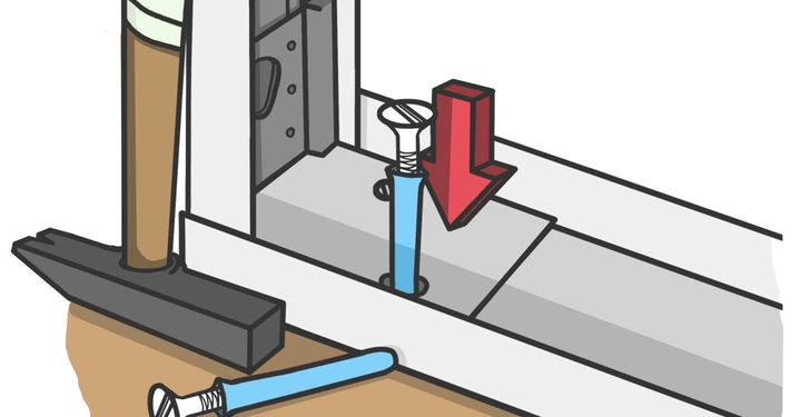 Hammer trifft auf Schraube innerhalb eines Rahmens in einer Werkstattumgebung Hammer ist teilweise mit Band umwickelt Boden ist beige und Schrauben sind blau und silbern roter Pfeil zeigt nach unten
