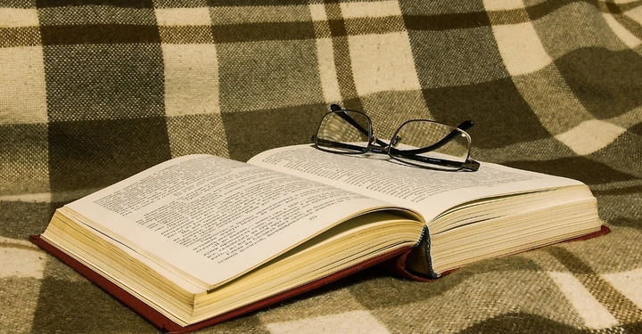 Ein aufgeschlagenes Buch liegt auf einer karierten Decke und eine Brille ist darauf platziert.