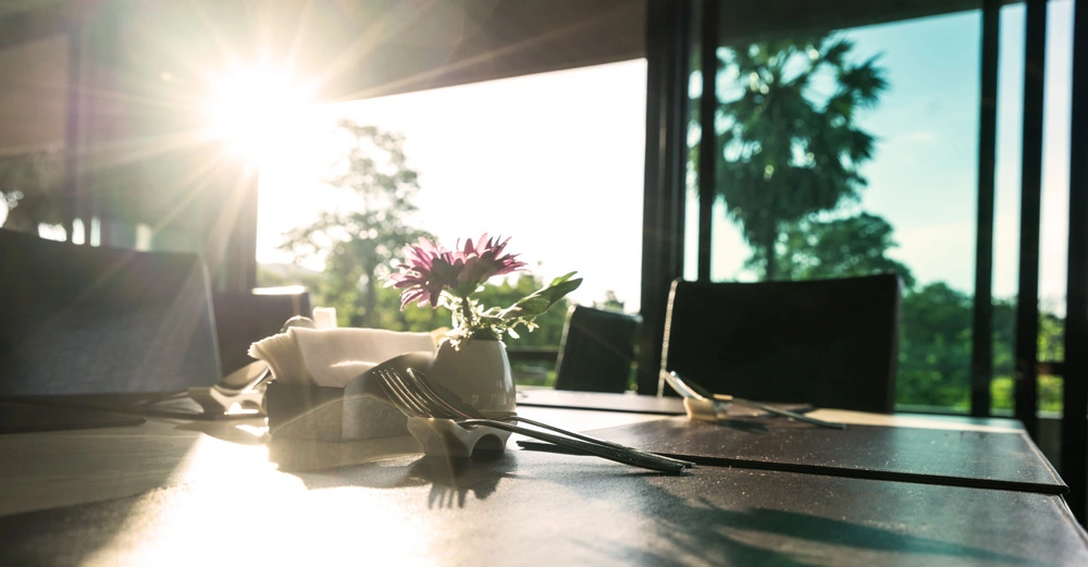 Vase mit pinker Blume steht auf einem gedeckten Tisch wird von Sonnenlicht durch große Fenster im Hintergrund beleuchtet Ringsherum sind leere Stühle und draußen sind Bäume sichtbar