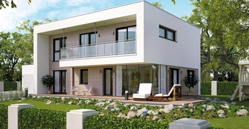 Modernes zweistöckiges Haus steht auf einem gepflegten Rasen mit Steingarten und Terrasse umgeben von Bäumen und einem blauen Himmel im Hintergrund