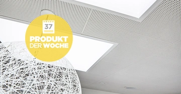 Große runde Lampe hängt von der Decke mit perforierten Platten und beleuchteten Rechtecken Kontext Büro. Text 37 PRODUKT DER WOCHE.