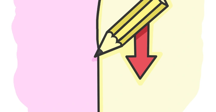 Ein gelber Bleistift zeigt nach unten während er sich an der Kante zwischen einem rosa und einem gelben Bereich befindet. Ein roter Pfeil zeigt ebenfalls nach unten.