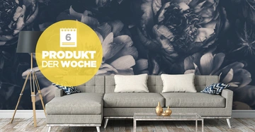 Graues Sofa steht vor einer Wand mit großem Blumenmuster eine Stehlampe links daneben. Auf dem Bild Text "6 PRODUKT DER WOCHE" in einem gelben Kreis oben links.