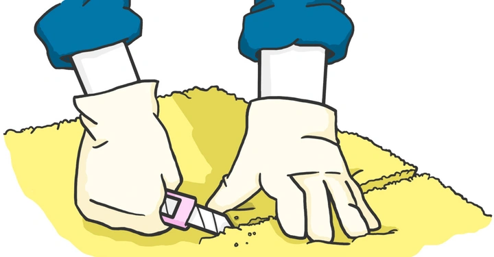 Zwei behandschuhte Hände schneiden mit einem Messer Schaumstoff auf einem gelben Untergrund.