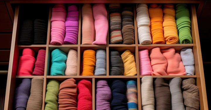 Sockenschublade ordentlich gefüllt mit farbenfrohen, zusammengerollten Socken unterteilt in Fächer aus Holz Hintergrund aus Holzschrank.