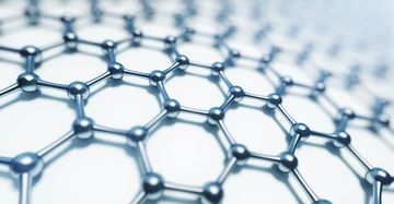 Blau-metallische hexagonale Molekülstruktur breitet sich in einem schrägen Winkel in die Ferne aus in einem hell beleuchteten Raum.