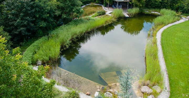 Teich liegt ruhig innerhalb üppiger Vegetation und grünem Rasen mit einem Pavillon am Ufer und bewölktem Himmel, der sich im Wasser spiegelt.