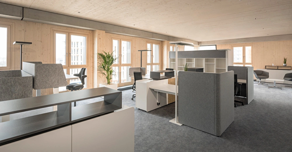 Büromöbel stehen geordnet in einem offenen Raum Büroarbeitsplätze mit Trennwänden und Schreibtischen mehrere Bürostühle nahe großer Fenster Holzverkleidung an den Wänden und ein Teppichboden einige Pflanzen zur Dekoration