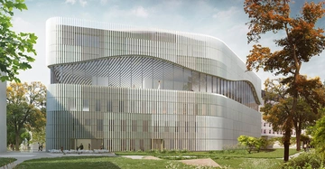 Ein modernes Gebäude mit wellenförmigen Glas- und Metallfassaden steht im Zentrum eines grünen Parks mehrere Menschen gehen oder unterhalten sich davor Bäume umgeben das Gebäude.