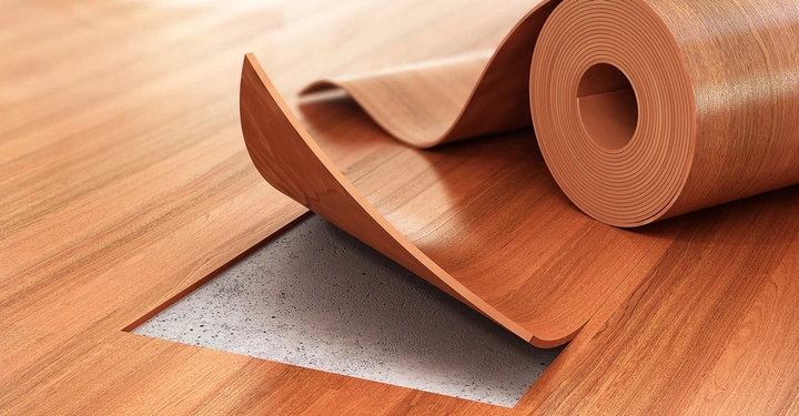 Eine aufgerollte Holzfußbodenmatte wird teilweise zurückgerollt und zeigt den darunterliegenden Betonboden in einem Raum mit Holzfußboden.