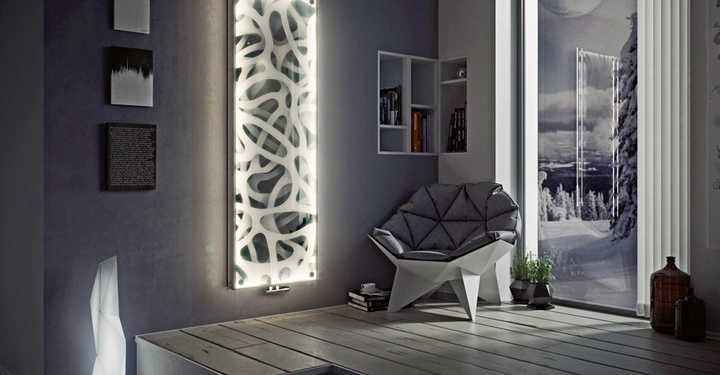 Galerie-Bild 4: Ein geometrisch geformter Stuhl steht vor großen Fenstern in einem modernen Wohnzimmer Blick auf schneebedeckte Landschaft. An der wand leuchtet ein LED-Kunstwerk daneben ein Bücherregal und dekorative Bilder.