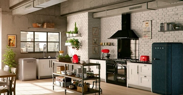 Moderne Küche mit weißen Schränken und Geräten Eine Kücheninsel mit Utensilien grüne Pflanzen und Fenster mit Stadtausblick Im Hintergrund ein Kühlschrank Ofen und Regale mit Küchengeräten und Dekorationen