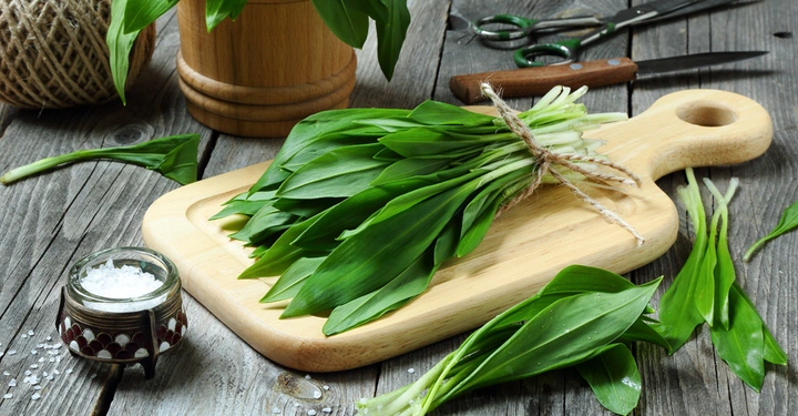 Ein Bündel Bärlauch liegt auf einem hölzernen Schneidebrett Gerüchte von Salz und anderen Kochutensilien sind verteilt in einer rustikalen Küchenszene.