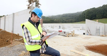 Bauarbeiter liest Baupläne auf einer Baustelle mit Betonfundamenten und umgebender Erde im Freienvor einer Wand mit Wald im Hintergrund.