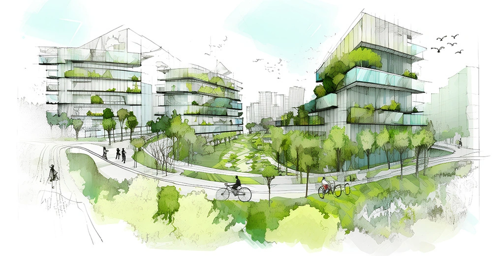 Architektonische Skizze von modernen Gebäuden die von üppigem Grün umgeben sind Menschen gehen und fahren Fahrrad auf Wegen zwischen den Gebäuden Hintergrund zeigt weitere Gebäude und bewölkten Himmel