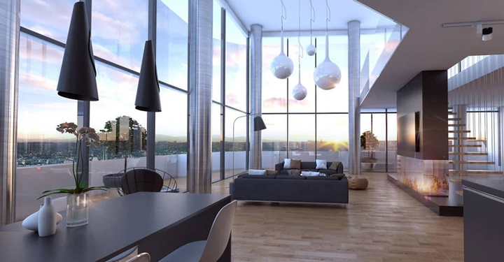 Wohnzimmer mit modernen Möbeln dominiert laminiertes Holzboden Wohnzimmermöbel umgeben von großen bodentiefen Fenstern und leuchtendem Abendhimmel elegante Hängelampen und eine offene Treppe rechts für eine moderne Atmosphäre.