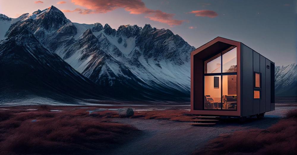 Kleines modernes Haus leuchtet von innen umgeben von schneebedeckten Bergen und düsterem Himmel in einem abgelegenen Tal.