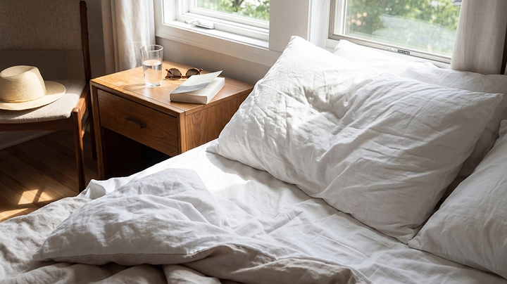 Ein gemütliches Bett mit weicher Leinenbettwäsche, einem hölzernen Beistelltisch, Buch, einem Wasserglas und einer Sonnenbrille in einem gemütlichen Schlafzimmer.