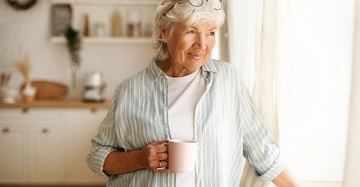 Ältere Frau hält eine rosa Tasse und schaut lächelnd aus einem Fenster in einer hellen Küche mit Regalen und weißen Schränken.