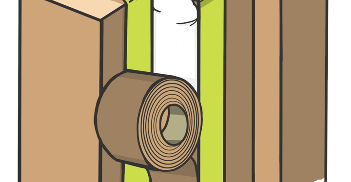 Rolle Klebeband hängt an einer Holzkante zwei grüne Streifen an den Seiten befestigt umgeben von einem rechteckigen hölzernen Rahmen und weißem Material im Hintergrund