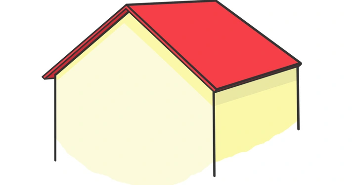 Ein einfaches gelbes Haus mit rotem Satteldach ohne Umgebungsdetails auf weißem Hintergrund