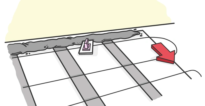 Ein Kachelboden wird verlegt und verfugt ein Werkzeug verteilt Mörtel Linien und ein roter Pfeil zeigt nach rechts auf zusätzliche zu verlegende Kacheln.